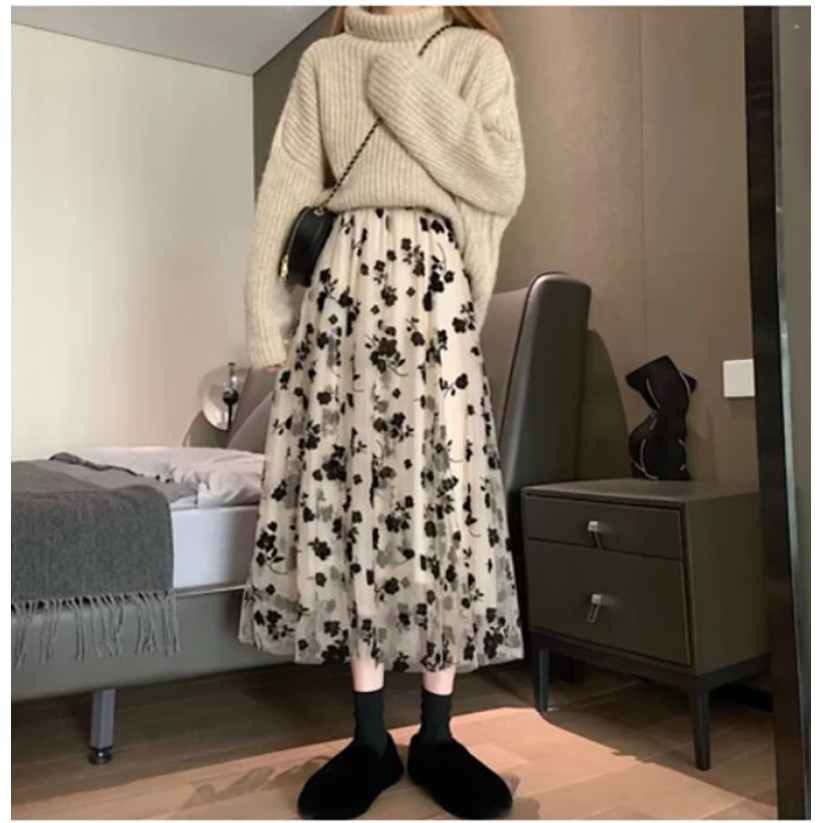 Saia De Malha Flocada Saia Longa Feminina Saia De Tule Dupla Face  Com flores Adequado para festas