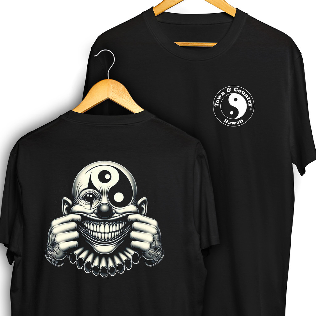 Camisa Palhaço Ying Yang Psicodélico Sorriso Frente e Verso Town E Country Blusa Mandrake Street Camiseta 100% Algodão01