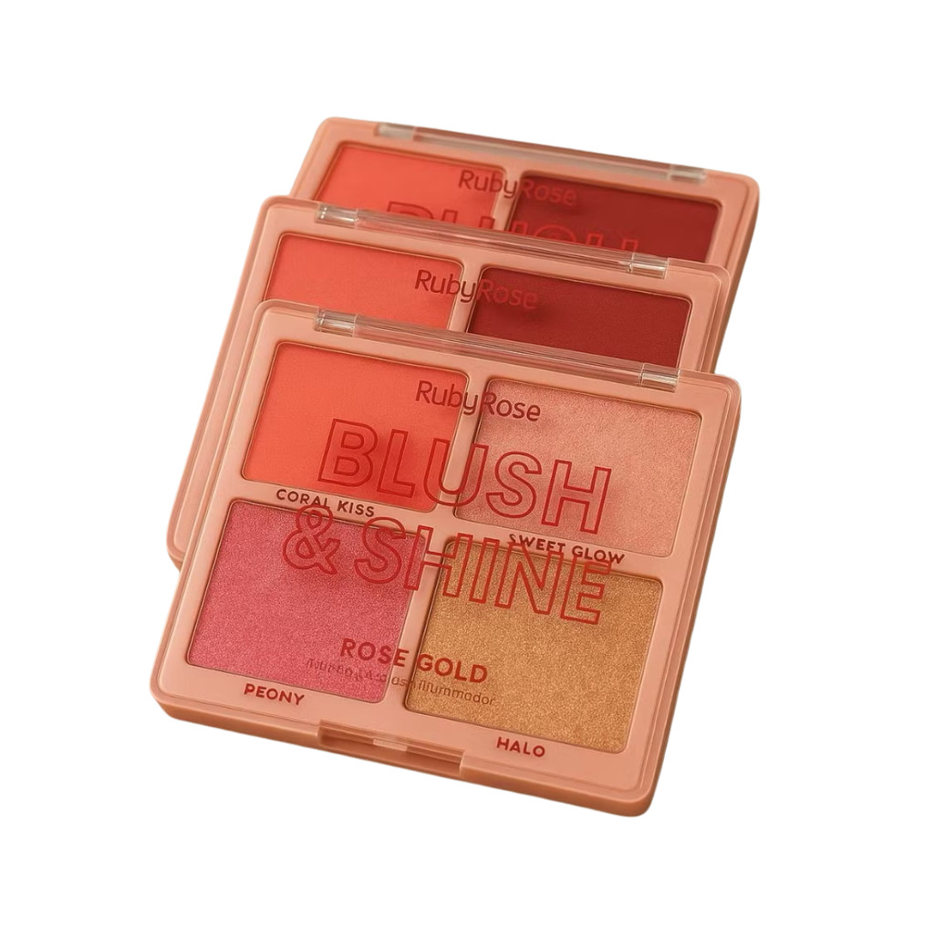 PALETA BLUSH E ILUMINADOR SHINE ROSE GOLD RUBY ROSE PARA REALÇAR A PELE COM EFEITO RADIANTE