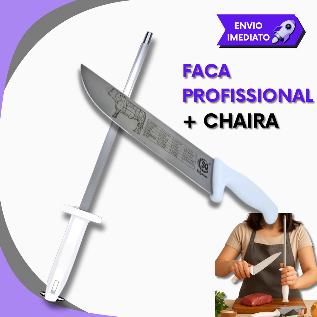Combo Faca Açougueiro 8” e Afiador Chaira Profissional Cabo Branco p/ Churrascaria Açougue e Cozinha