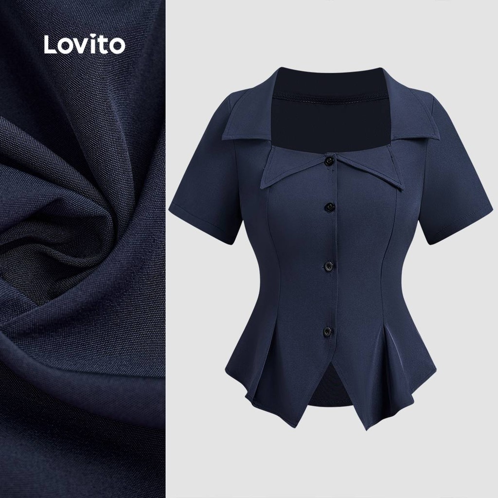 Detalhes do Lovito Blusa Boho Assimétrica Geométrica Primavera/verão Blusa Azulmarinho para Mulheres LBL27015