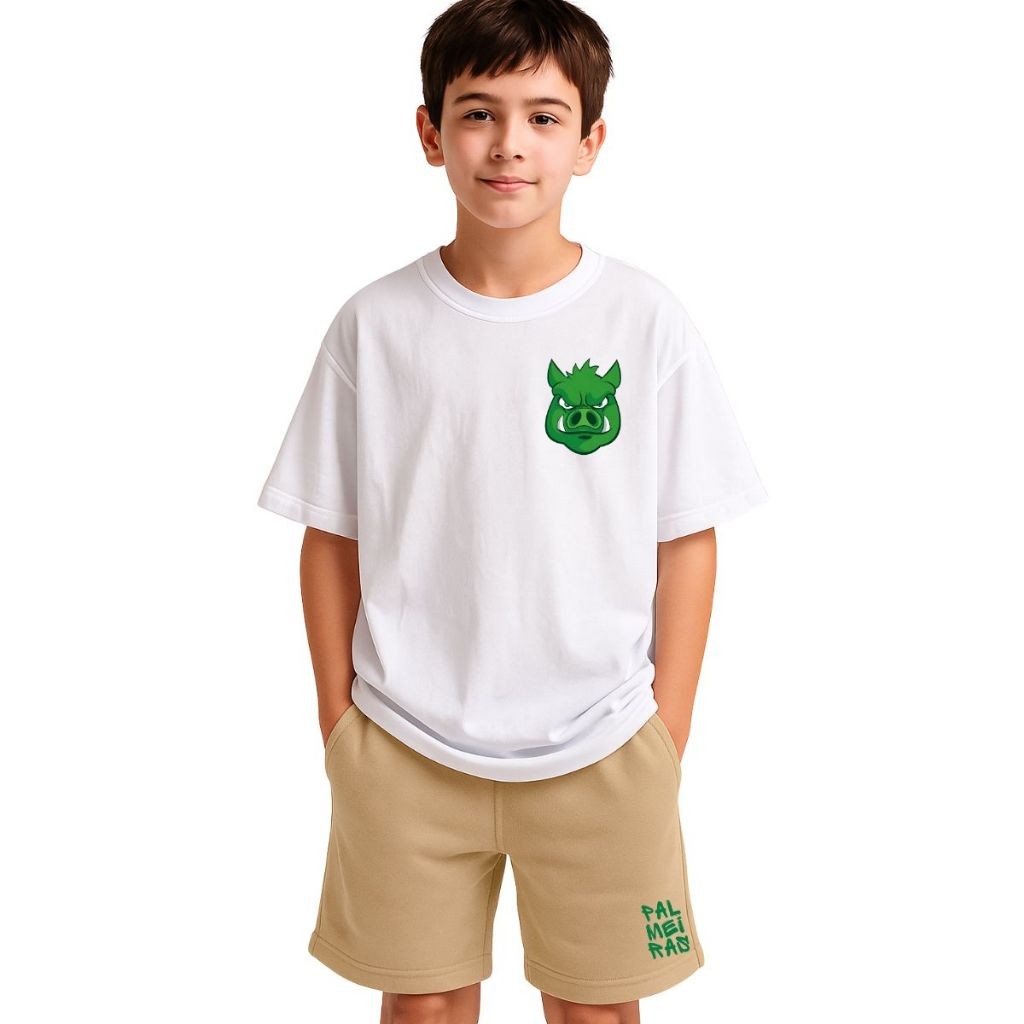 Kit Infantil Camiseta e Short Moletinho Palmeiras Conjunto Blusa e Bermuda de Moletom Porco Verdão Camisa 100% Algodão