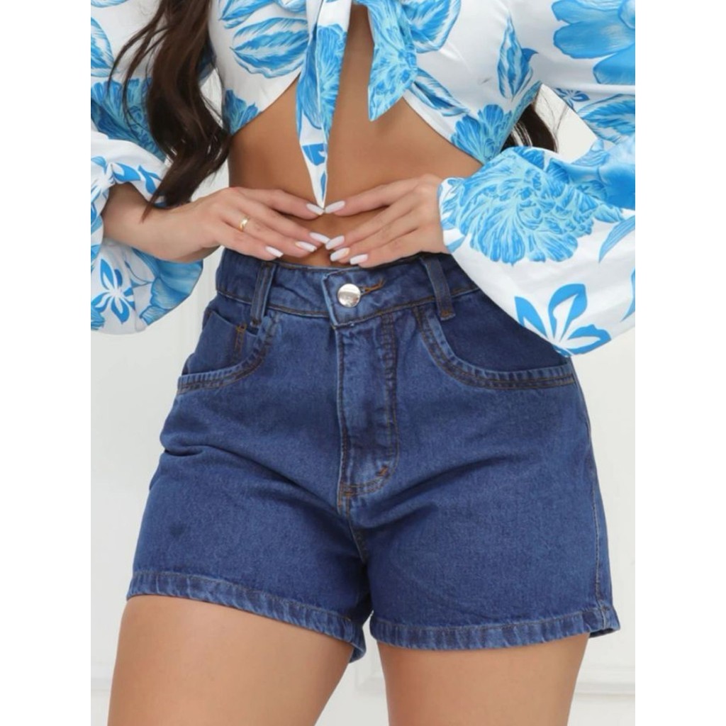 Short Bermuda Jeans Feminino Cintura Alta em Oferta na Shopee