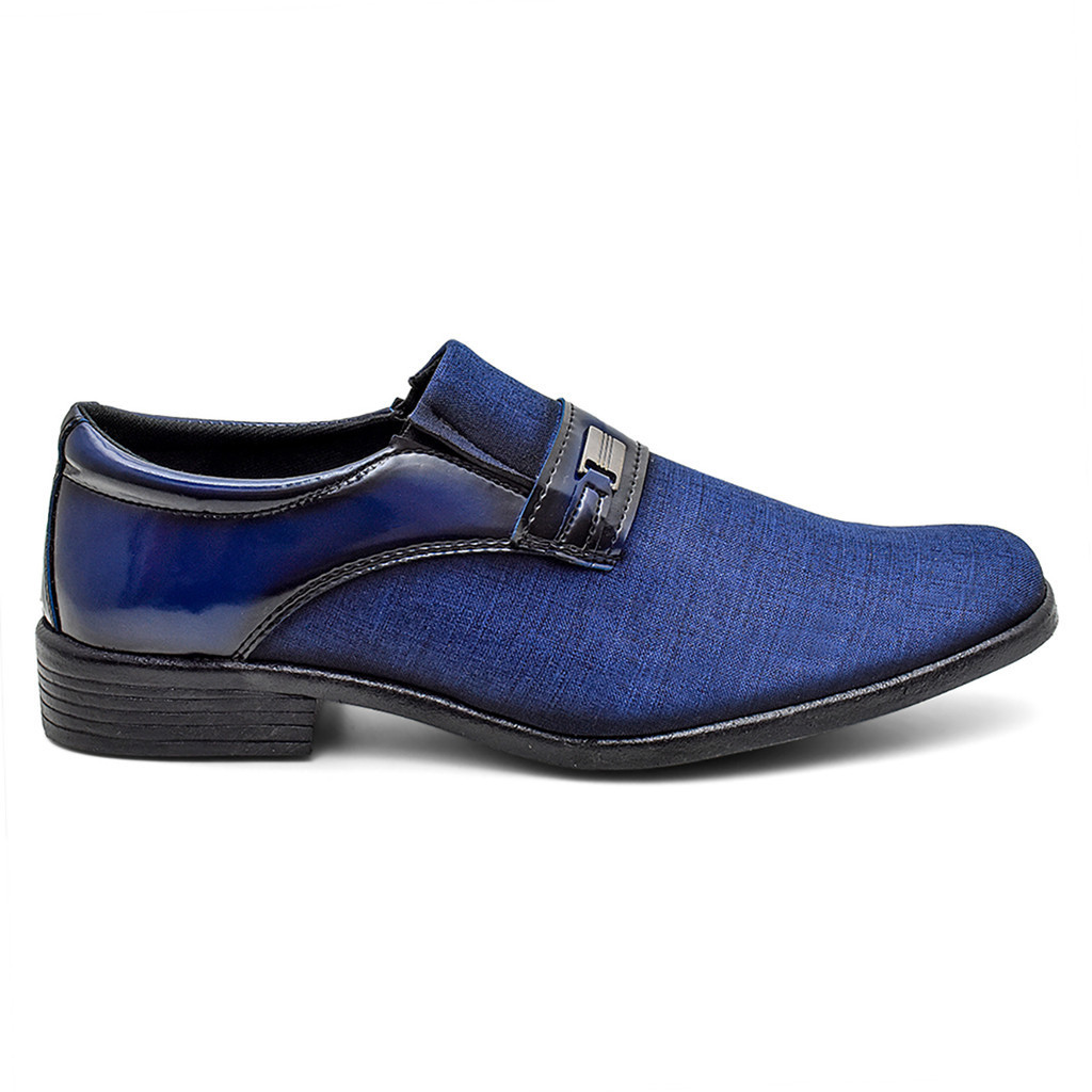 Sapato Social Masculino Elegante Versátil Fácil Calçar Verniz Plain Toe Bico Alongado Azul