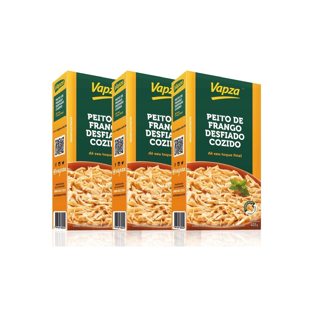 Kit 3 Peitos de Frango Desfiado Cozido 400G Vapza em Oferta na Shopee