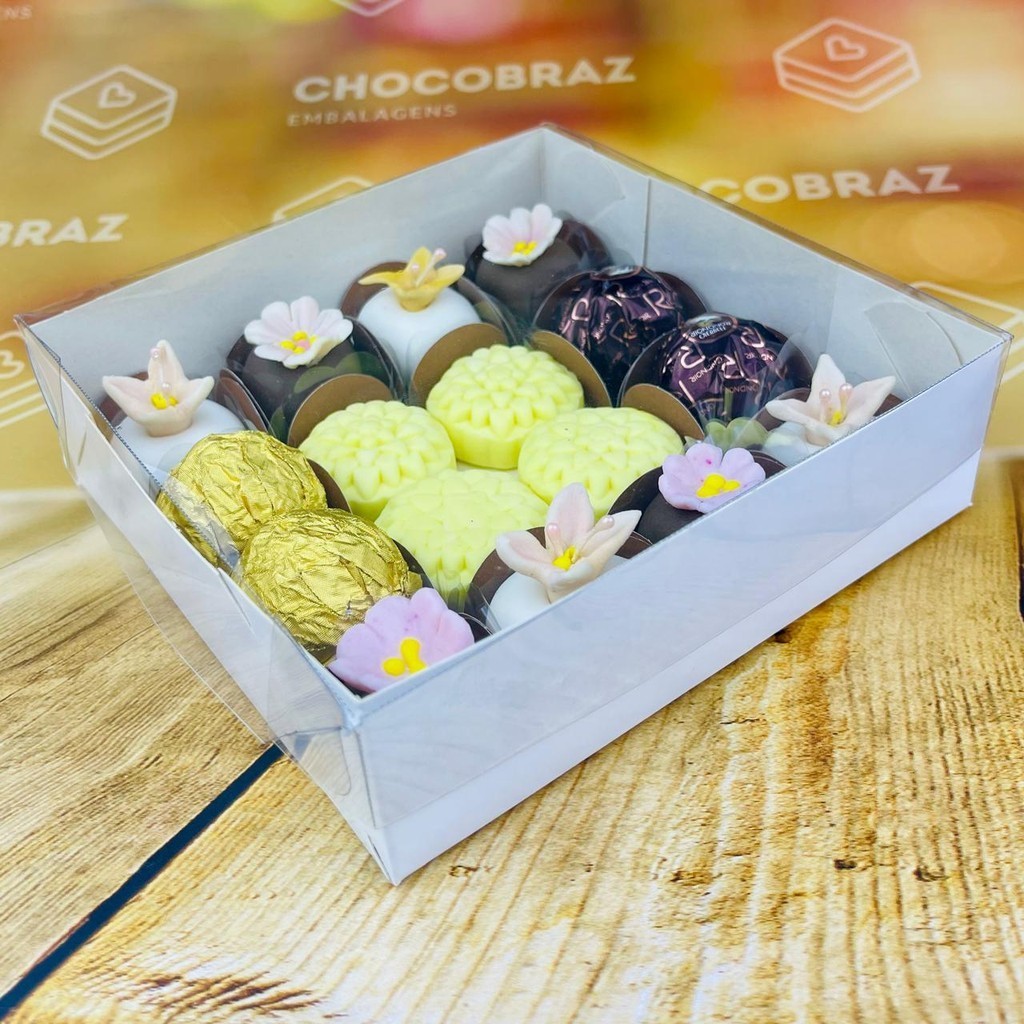 10~50 CAIXA P/ 16 DOCES BRANCA C/ TAMPA ACETATO 14X4X14 5059  (IDEIA) ESSENCIAL