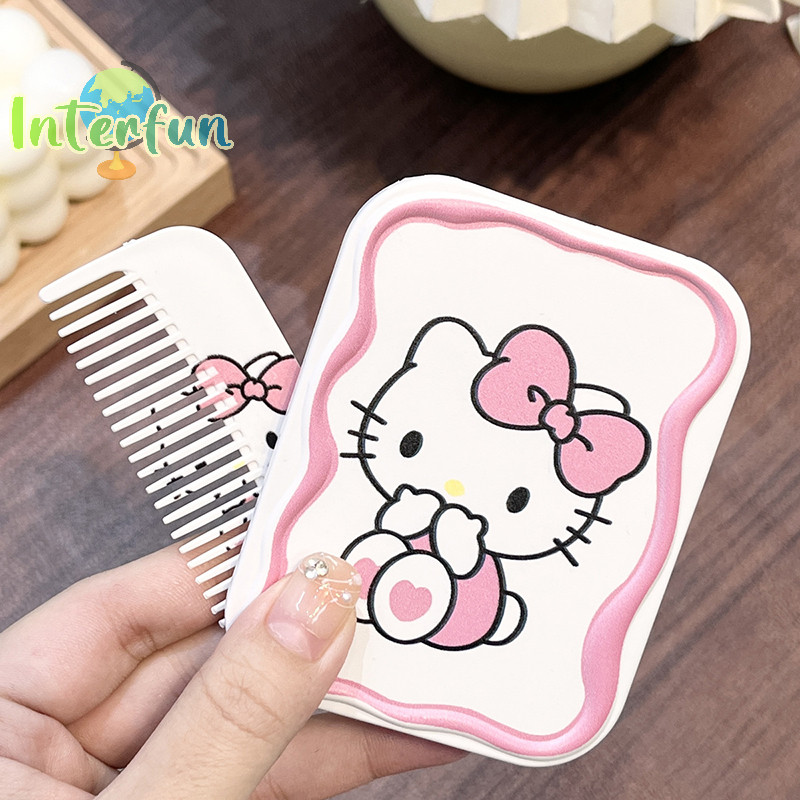 [InterfunB] Sanrio Cartoon Naughty Hello Kitty Espelho De Maquiagem Portátil Dobrável Com Pente Para Mulheres Ferramentas Presentes Femininos [Novo]