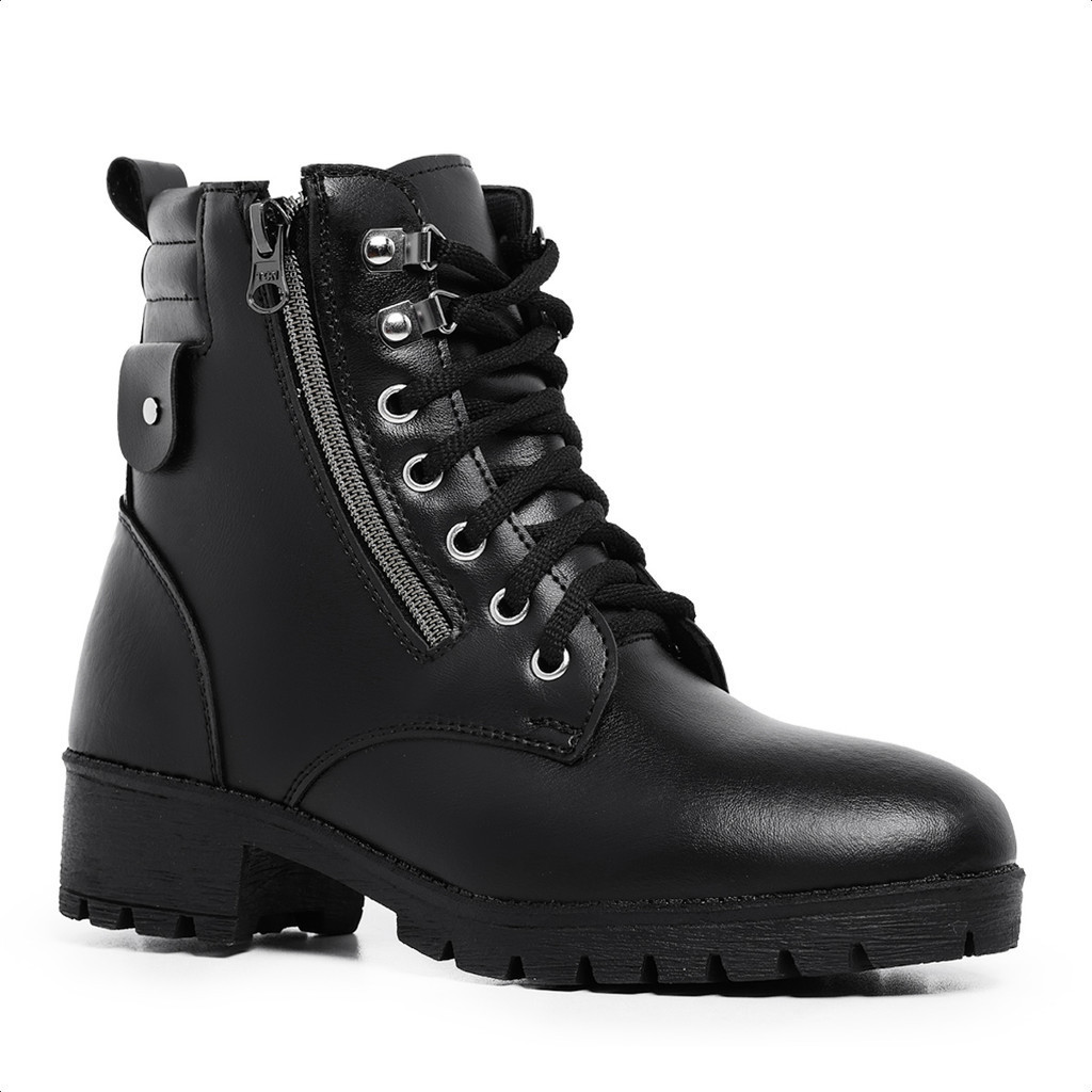 Coturno Casual Botinha Feminina Militar Preta Cano Curto Zíper Salto Baixo Moderna Confortável