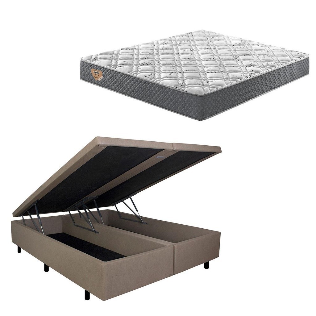Cama Box com Baú Queen Courino Linho Bege 158x198 com Colchão Adapto Molas Ensacadas Ecoflex
