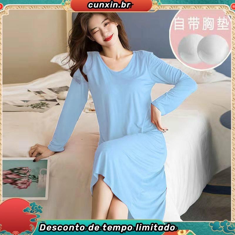 Camisola Mulheres Mid-Length over-the-Knee dress Pijamas com Peito Pad Manga Longa Camisolas Outerwear Casa desgaste