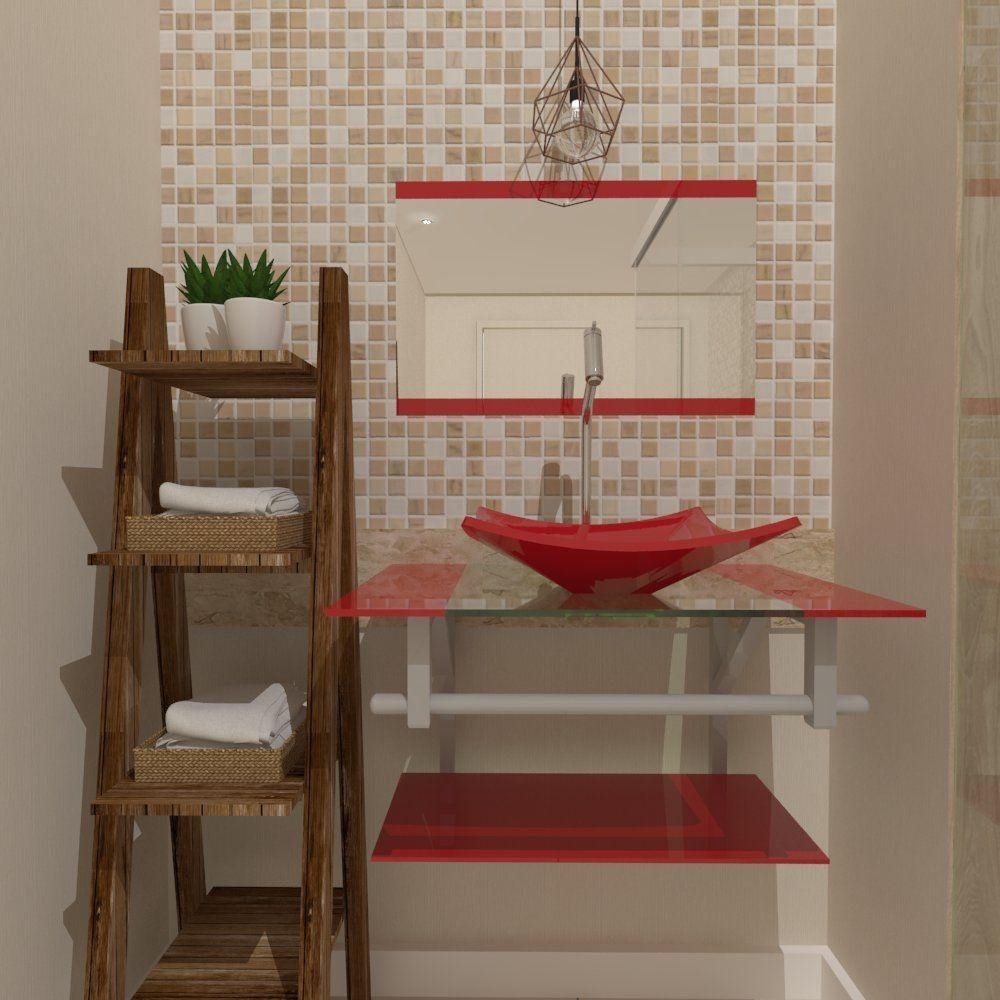 Gabinete de Vidro 60cm com Cuba Quadrada Vermelho Ferrari - Home & Living
