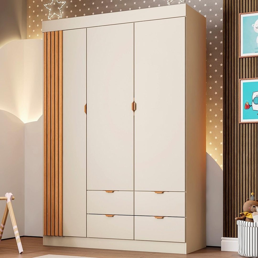 Guarda Roupa Infantil Detalhe Ripada 3 Portas Ayla Off White - Phoenix em Oferta na Shopee