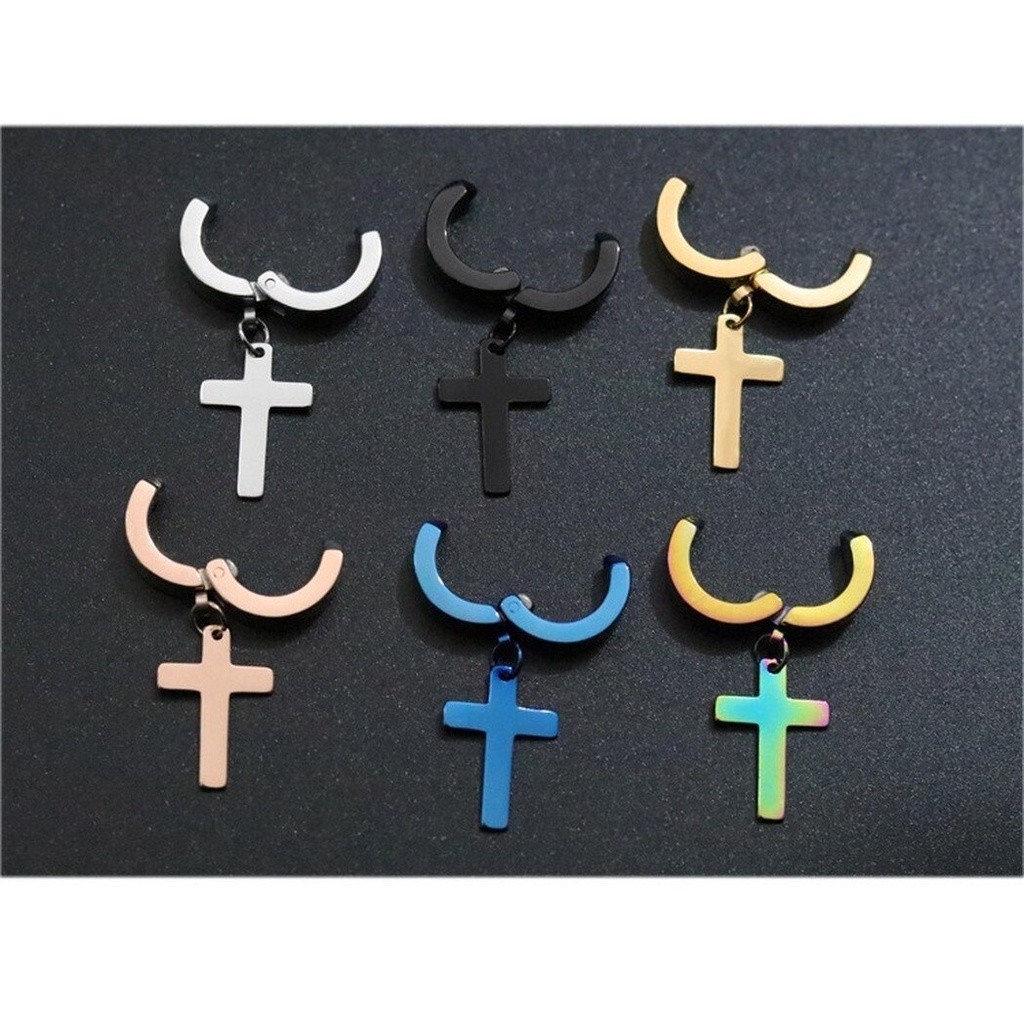 Falso Piercing de Aço Inoxidável Cirúrgico Antialérgico em Argola com Crucifixo para Homens