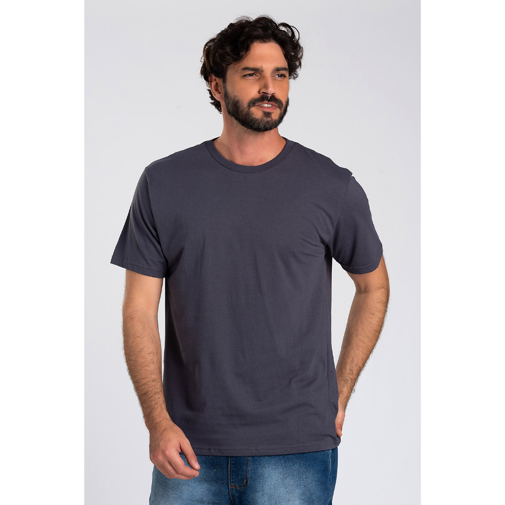 Camiseta Cinza Chumbo Básica Masculina Lisa 100% Algodão Reforço Ombro a Ombro Modelagem Moderna Caimento Perfeito Fabricação Própria no Brasil - Camiseta Masculina Casual - Dadez