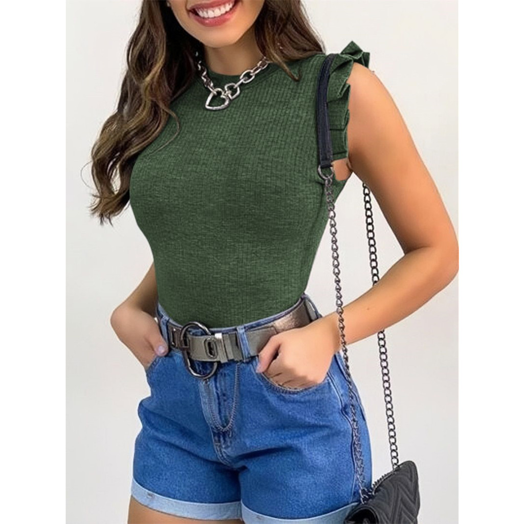 Blusa Feminina Canelado Manga Redondo Babados Blogueira Tendencia
