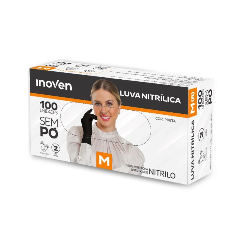 Luva Nitrílica Inoven Sem Pó Preta Pacote com 100 Un. Tamanho M