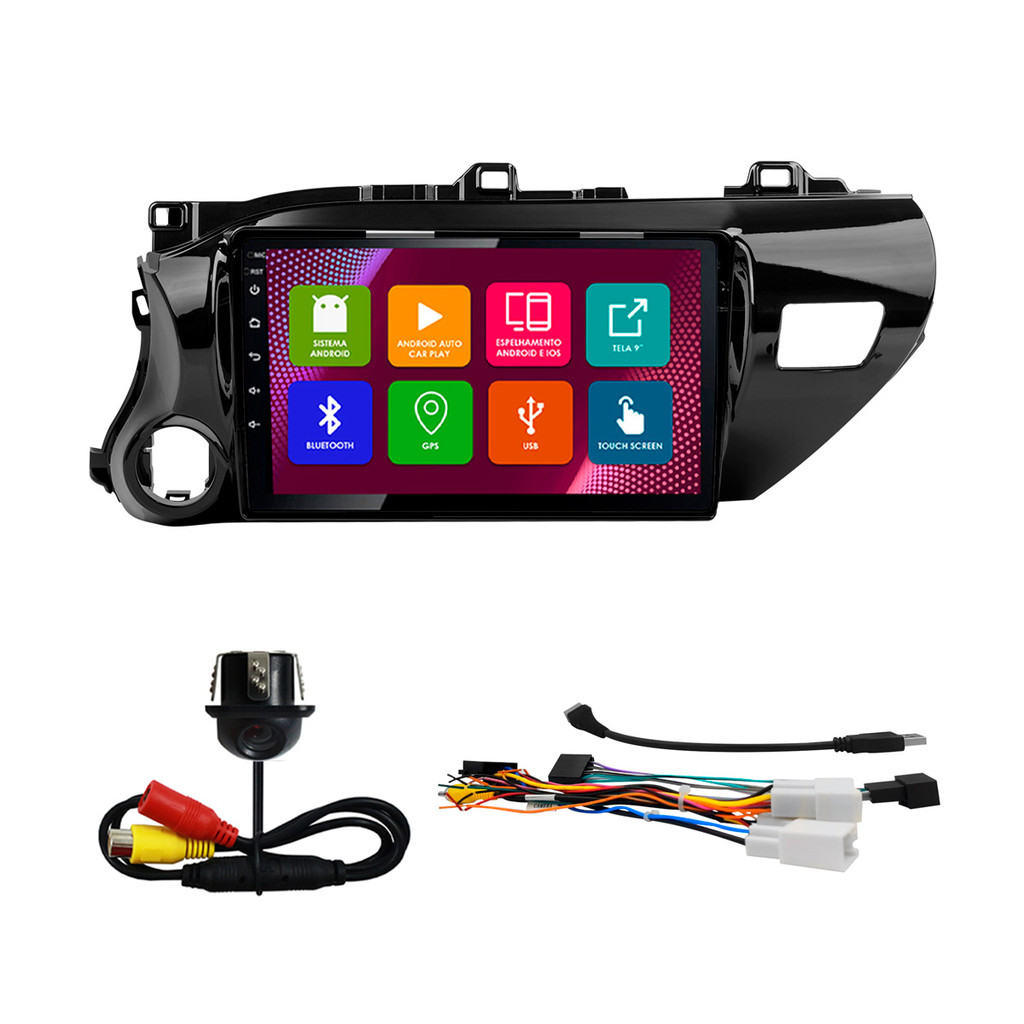 Kit Multimídia 10 Pol Hilux 2017 2018 2019 2020 2021 2022 Android 2Gb Ram 32Gb Flash Quad-Core 2 Din Black Piano Wifi