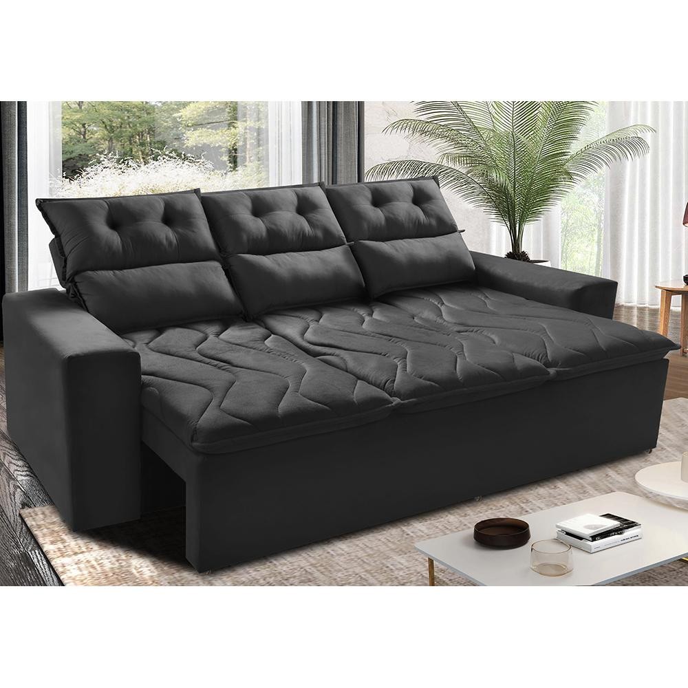 Sofá 3 Lugares Retrátil e Reclinável 2,00m Cama inBox Smal com bordado pantográfico Suede Preto em Oferta na Shopee
