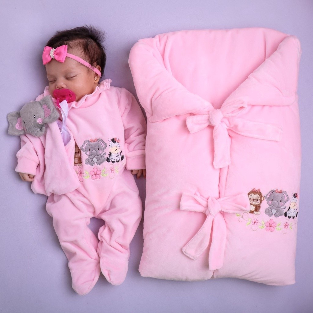 Saída de Maternidade Bebe Menina Safari Rosa Com Saco De Dormir