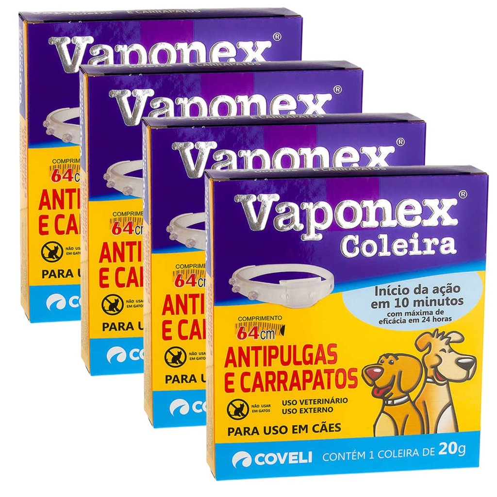 Kit 4 Vaponex Tam. 65 cm Coleira Anti Pulgas Coveli para Cães - 20 g - Pets