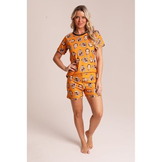 Pijama Feminino Personalizado - Pijama Curto Customizável - Pijamas para Toda a Família - Laranja