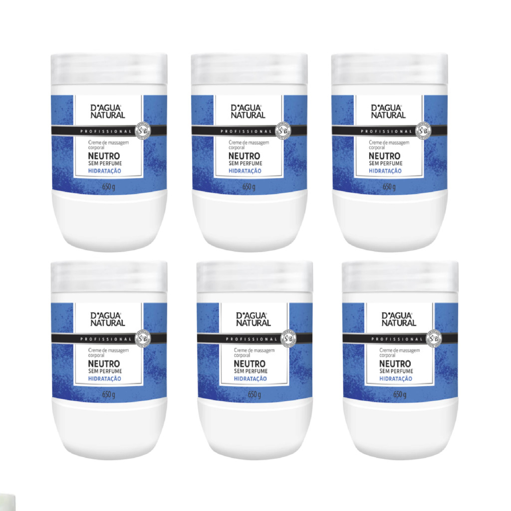 Creme Neutro para Massagem D'agua Natural - Kit com 6 Unidades de 650g