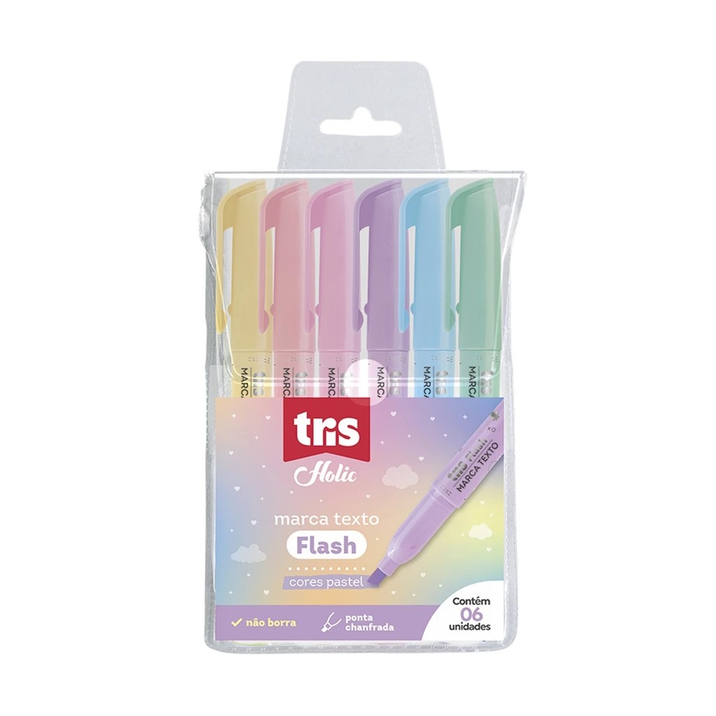 Estojo Marca-Texto Flash Pastel c/ 6 cores Tris em Oferta na Shopee