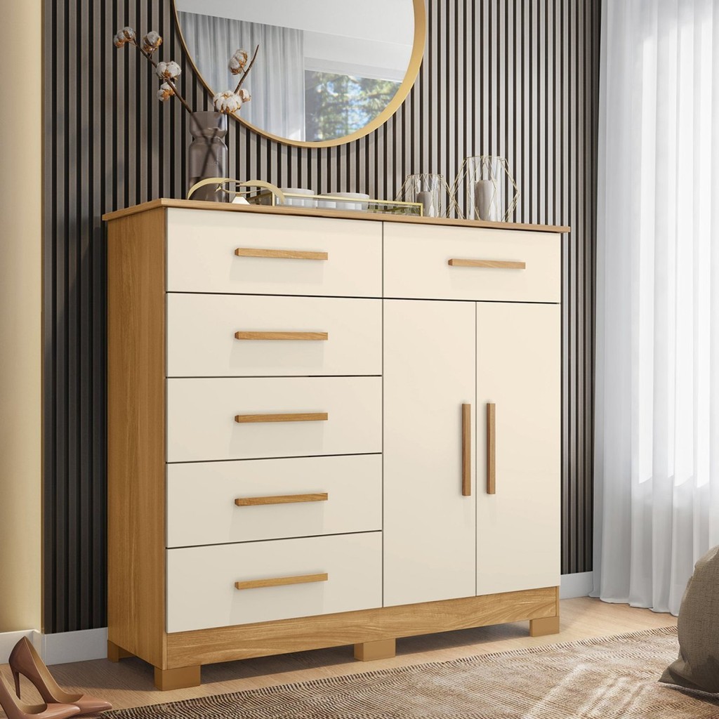 Cômoda 2 Portas 6 Gavetas Xangai Cinamomo/Off White em Oferta na Shopee
