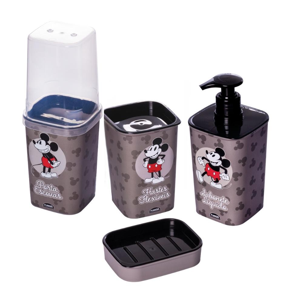 Kit Banheiro Mickey 4 Peças Porta Sabonete Líquido Porta Escovas Saboneteira e Hastes Flexíveis Plasútil - Home & Living