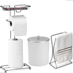Kit Acessorios Lavabo Banheiro Lavabo Toalha Rosto Porta Papeleira Celular Branco Prateado Arthi
