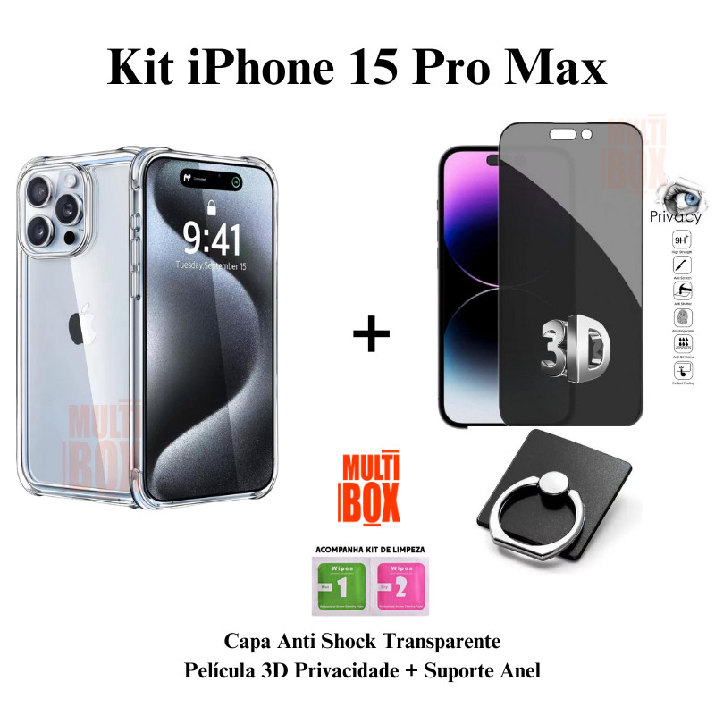 Kit Capa Anti Shock + Película Privativa 3D de Vidro + Suporte de Anel para Iphone 15 15 PRO 15 PRO MAX 15 PLUS