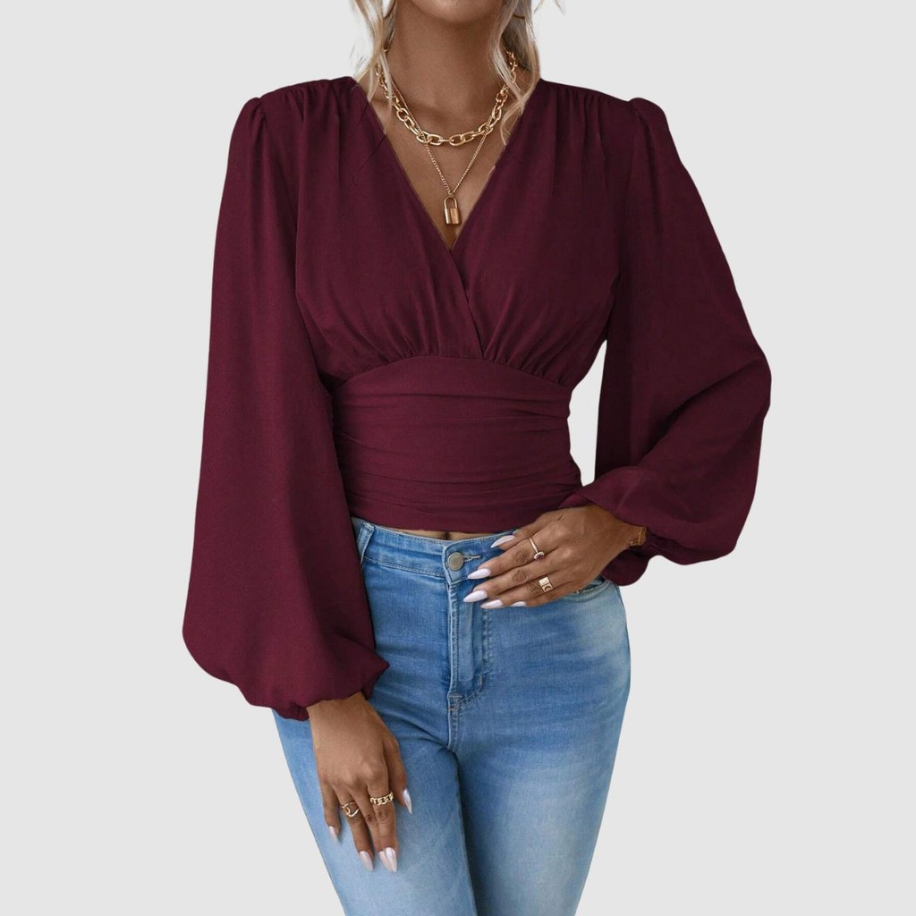 Blusa Feminina Manga Longa Bufante Crepe Decote Transpassado em Oferta na Shopee