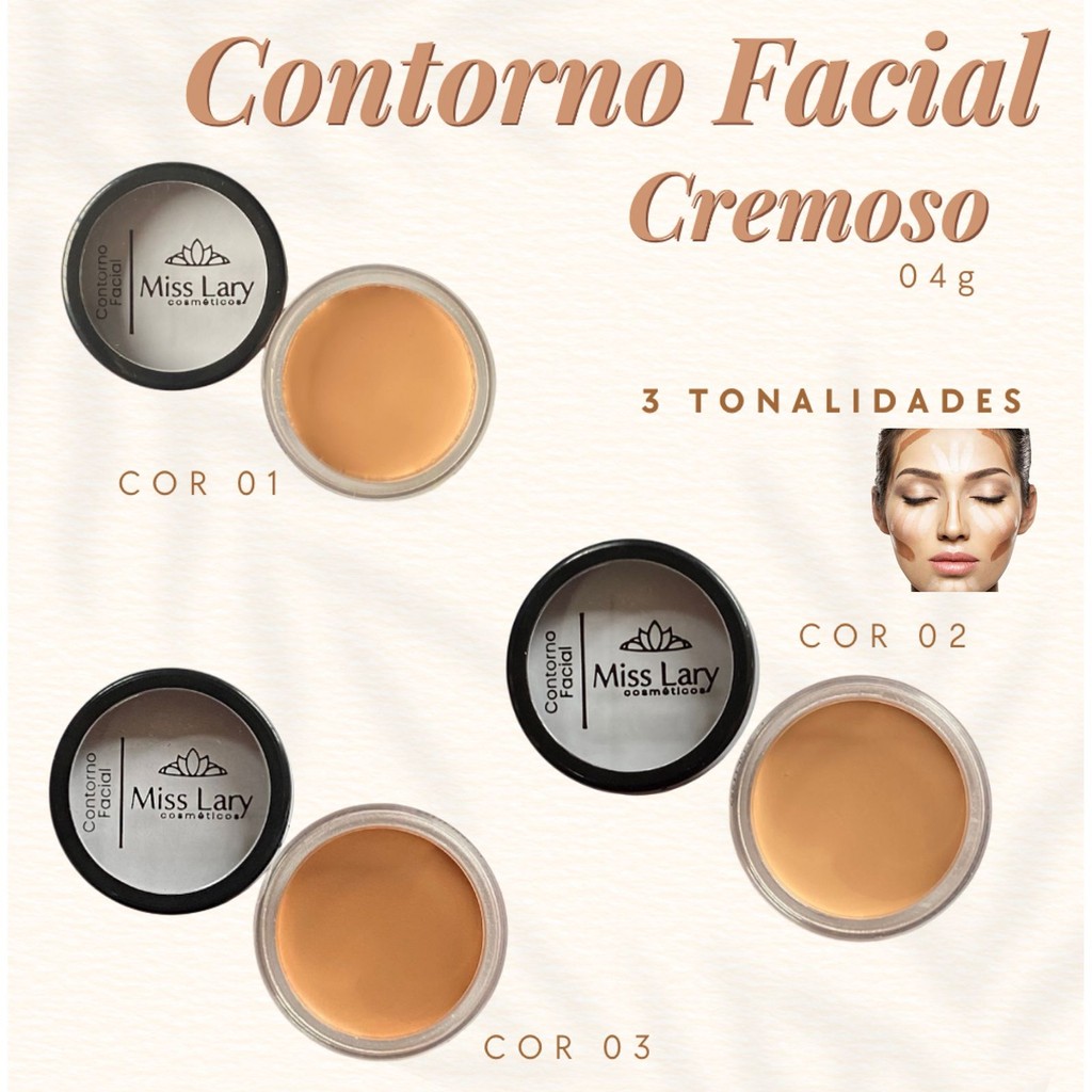 Kit 3 Contorno Facial Cremoso Trê Cores com Vitamina E, Oléo de Algodão e Tapioca Pure Miss Lary