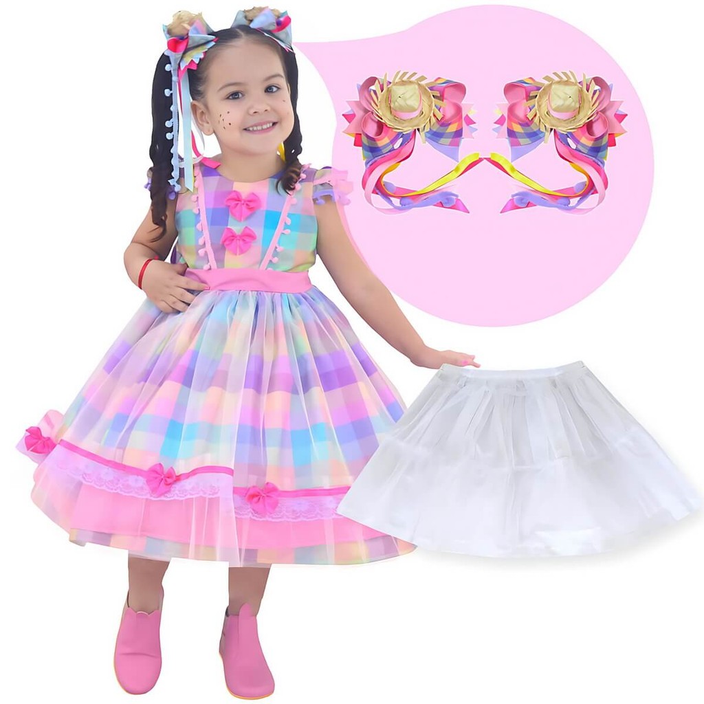 Vestido Festa Junina Infantil São Joao Quadrilha + 2 Laços + Saia filó Luxo