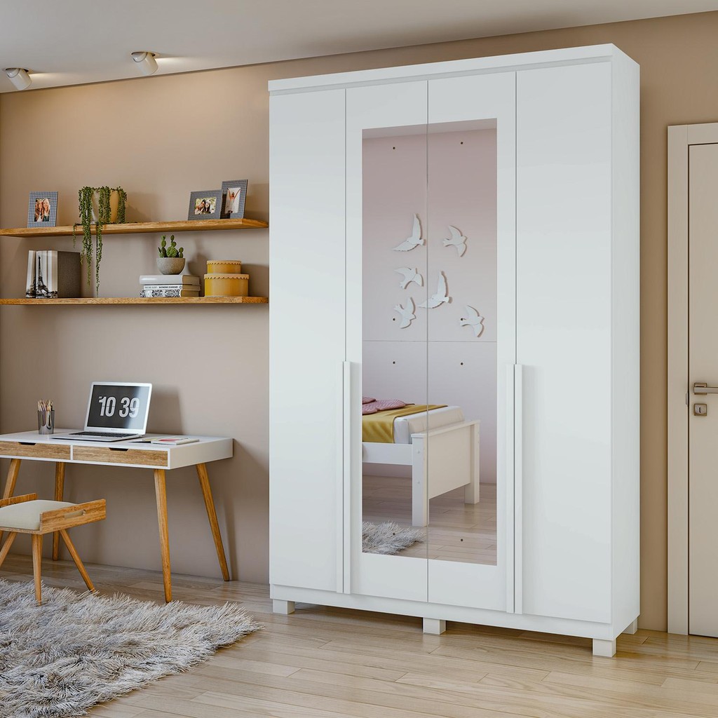 Guarda-Roupa Solteiro 100%MDF Alonzo 4 portas Com Espelho e Pés Branco em Oferta na Shopee