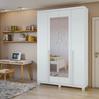 Guarda-Roupa Solteiro 100%MDF Alonzo 4 portas Com Espelho e Pés Branco em Oferta na Shopee