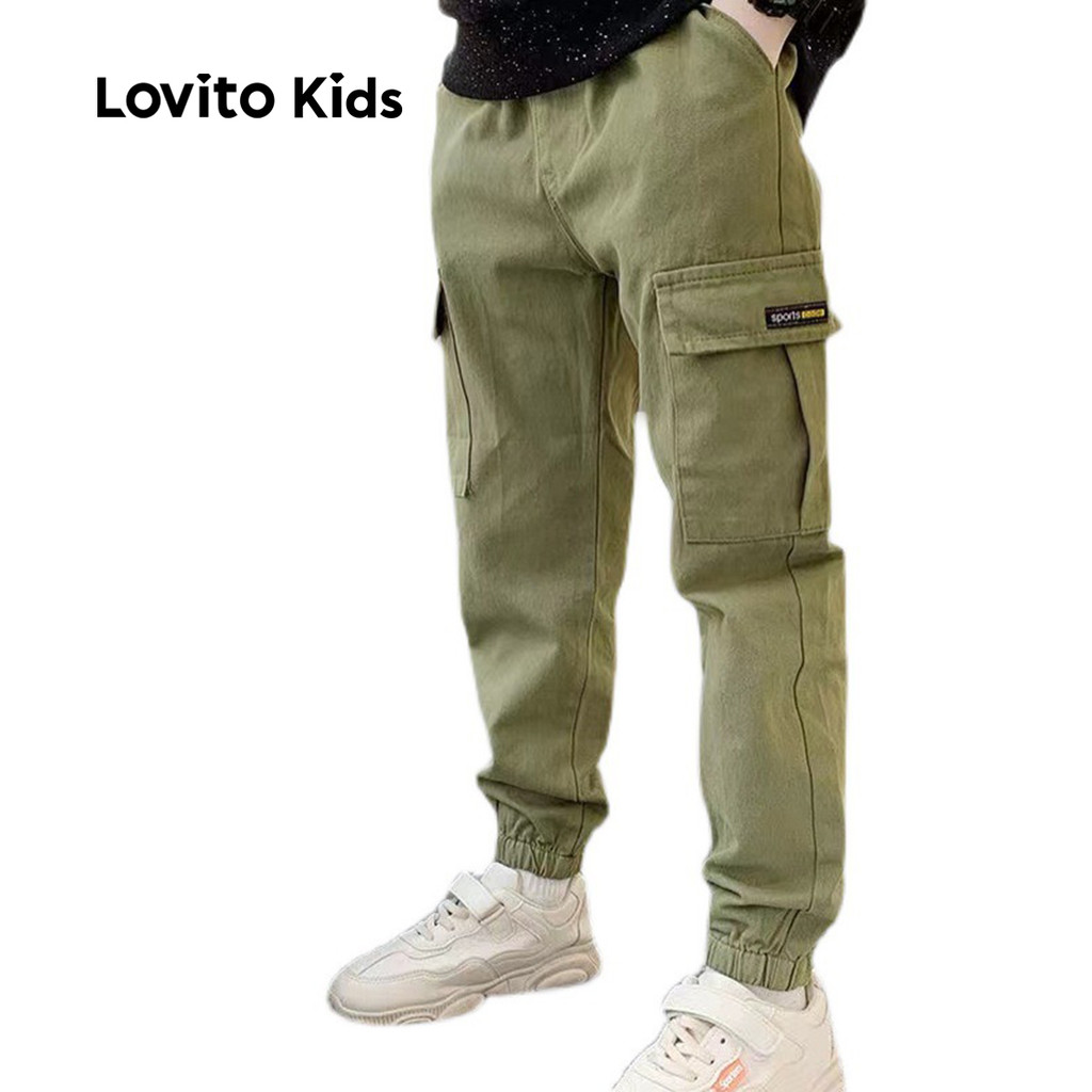 Detalhes do Lovito Calça Casual Infantil Com Bolso Macio E Confortável Primavera/Verão Calça Verde Militar Para Menino LNL106117
