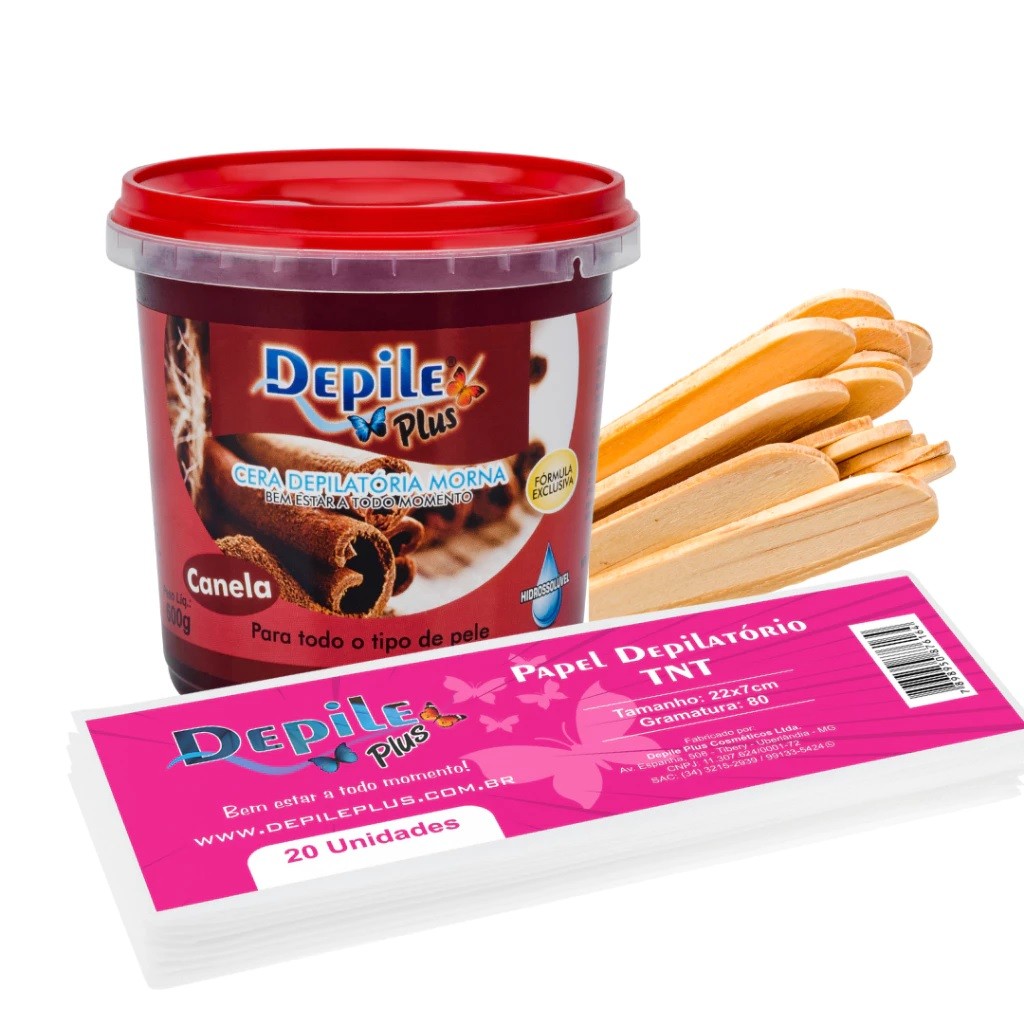 Kit Depilação Cera Hidrossolúvel 600g + 25un Lenço Depilação + 15un Palito Picolé
