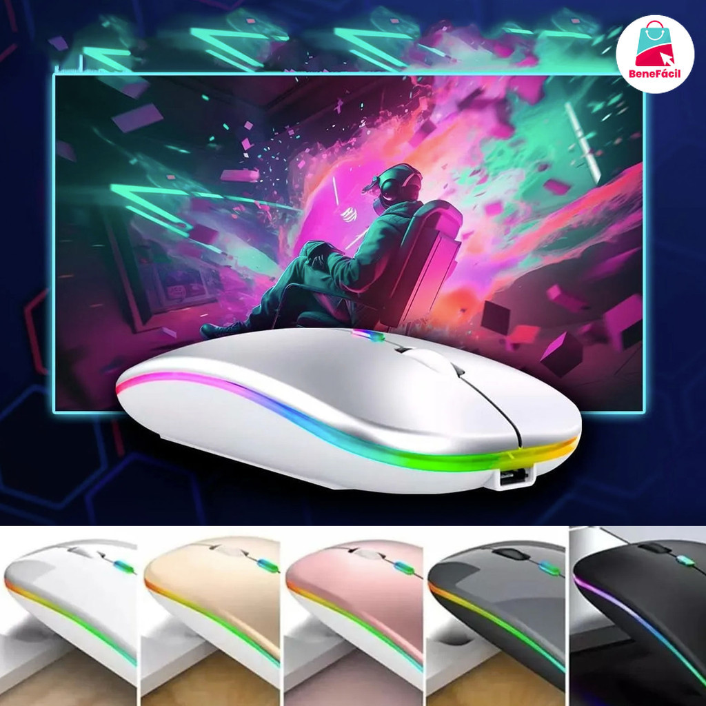Mouse Sem Fio Recarregável Led RGB Clique Silencioso 2.4 Ghz Ergonômico Gamer Home Office