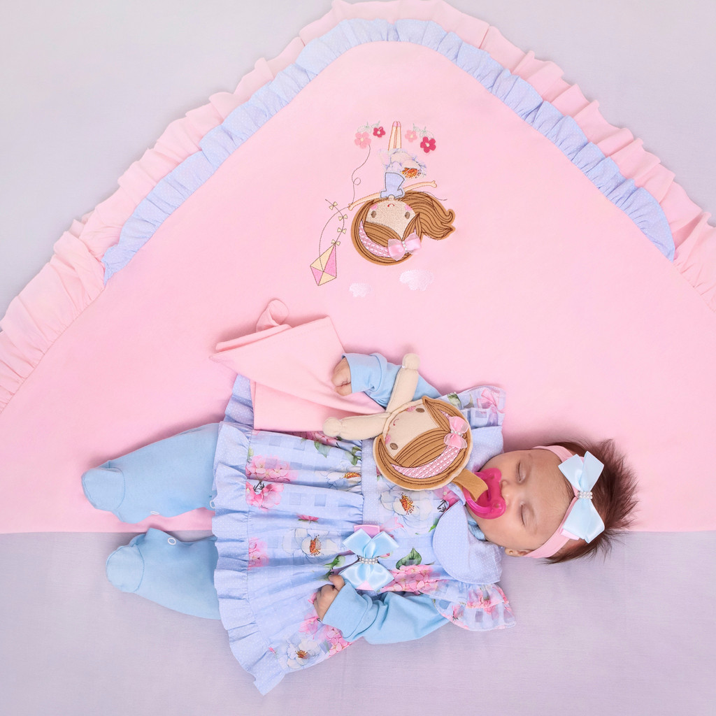saida maternidade menina bonequinha RN (macacão,vestido,manta,naninha e laço)