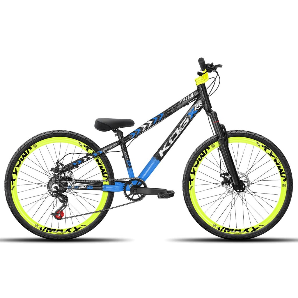 Bicicleta aro 26 KOG Freeride 1x7 Preto e Azul Vmaxx Amarelo Neon - Pneus Preto - Mesa Curta Amarelo - Guidão Amarelo