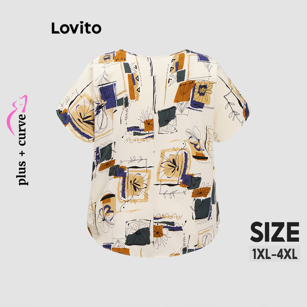 (Trendy) Lovito Blusa Curva Plus Size Blusa Elegante Com Padrão Geométrico Para Mulheres LBL18302 - Women Clothes