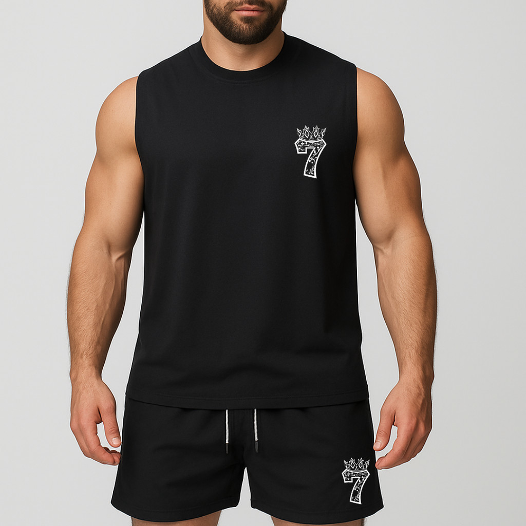 conjunto regata oversized e short de tactel de academia másculino estampada 7 com coroa