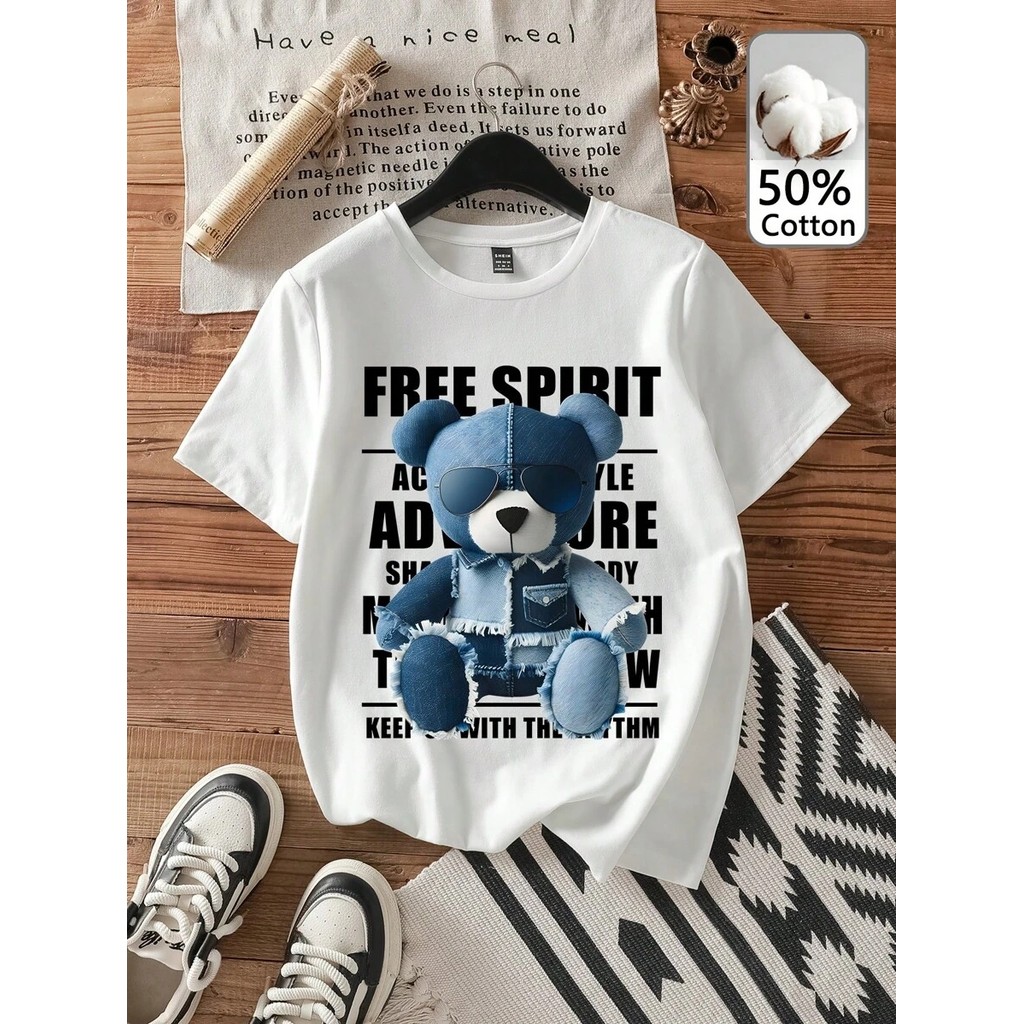 Tshirt Feminina Estilosa Estampada Ursinho Jeans Lançamento Camiseta 100% Algodão Camisetão Camisa Oversized Plus Size