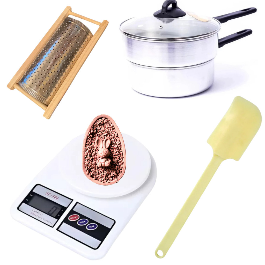 Kit Pascoa Derretedeira de Chocolate Banho Maria Espatula Pão Duro Balança Digital Ralador