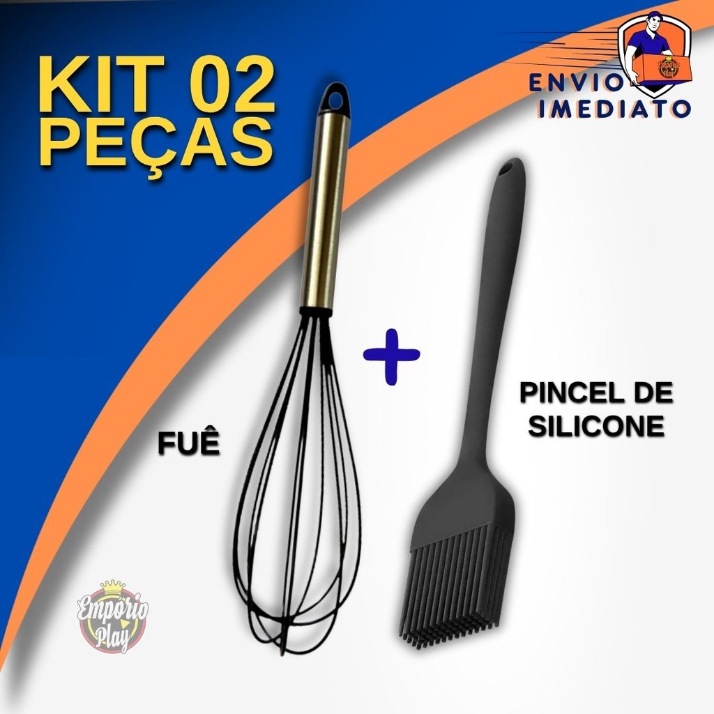 Kit 2 pçs Pincel Culinário + Batedor de Claras Ovo Fue Fouet Cabo em Aço Inox para Cozinha Confeitaria