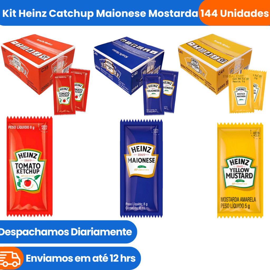 Kit Heinz Sachê Ketchup Maionese Mostarda Caixa 144 Unidades em Oferta na Shopee