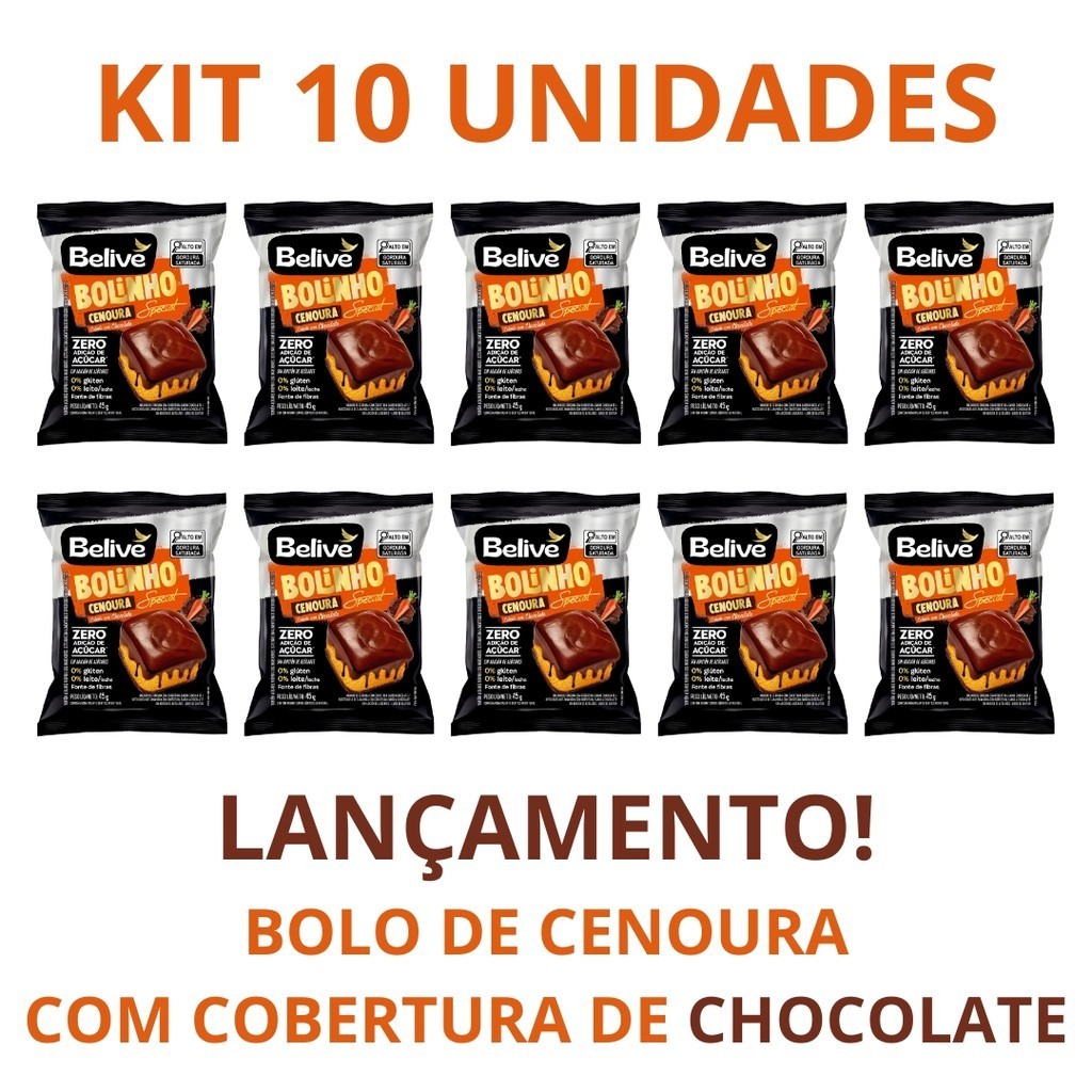 Kit 10 Bolinhos de Cenoura com Cobertura de Chocolate Sem Glúten Sem Açúcar Sem Leite Belive Special