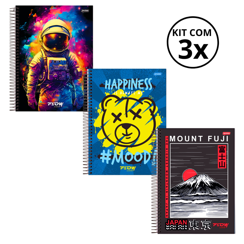 Kit 03 Cadernos Universitário 20 Matérias 320 Folhas Flow - Jandaia CAPA:Astronauta/Urso/Japão em Oferta na Shopee