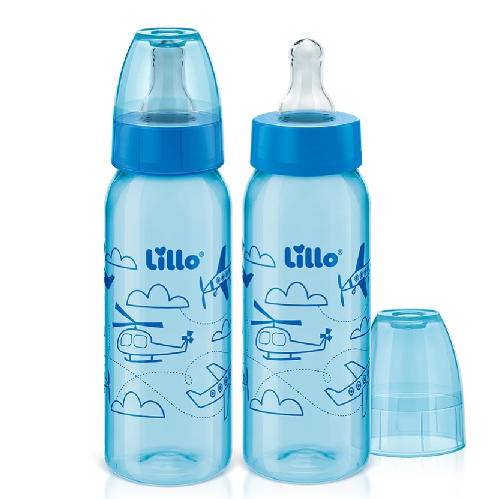 Kit com 2 Mamadeiras Divertidas 240ml Bico 6m+ Azul - Lillo em Oferta na Shopee